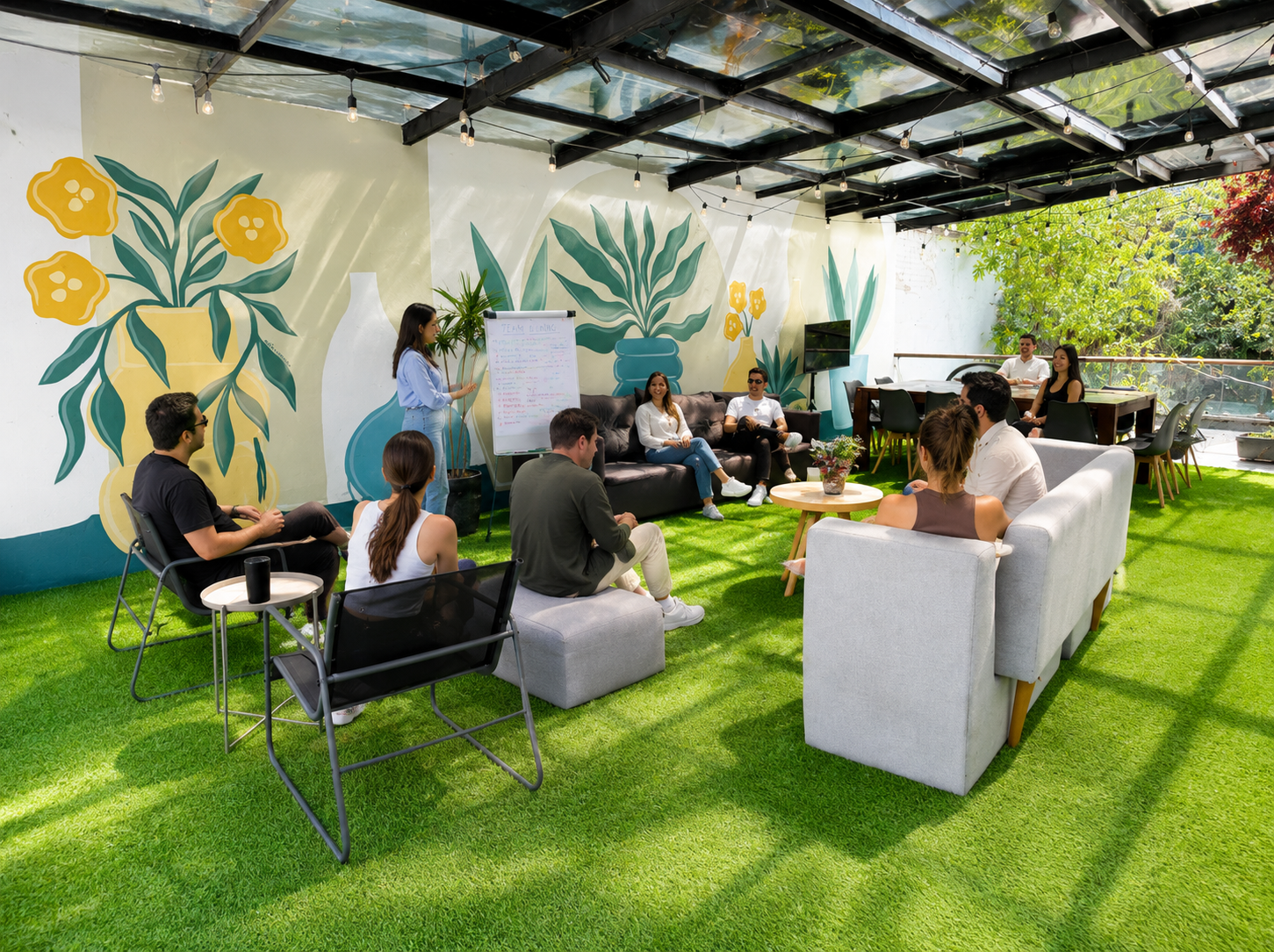 Sesión de team building corporativo en terraza de casona histórica en CDMX